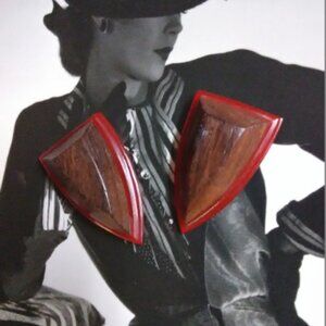 Vintage red bakelite and wood dress clips matching pair - bakelite tested
